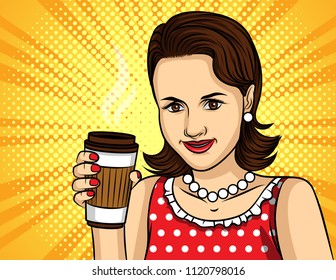 Vector colorful pop art comic style illustration of a pretty woman in red dress drinking a coffee. Portrait of young beautiful lady with paper cup of hot drink