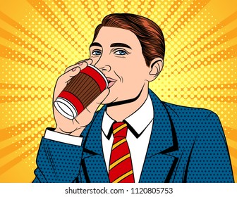 Vector colorful pop art comic style illustration of a businessman in drinking a coffee. Portrait of young handsome guy in suit with paper cup of hot drink
