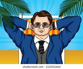 Vector colorful pop art comic style illustration of a businessman relaxing on the beach. Portrait of an adult man in suit on holiday