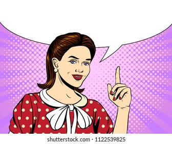 Vector colorful pop art comic style illustration of a young woman pointing finger up. Portrait of beautiful girl showing an idea