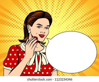 Vector colorful pop art comic style illustration of a young woman telling a secret . Beautiful girl keep hand near open mouth