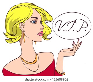 Vector colorful pop art drawing of beautiful blondy lady in red with VIP signature on white background. All on isolated layers, eps 10.
