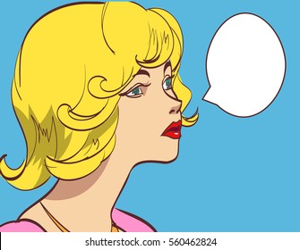 Vector colorful pop art drawing of beautiful woman with speech bubble. eps 10.