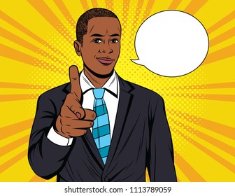 Vector colorful pop art illustration of businessman pointing on you. Handsome African American guy in suit show direction forward