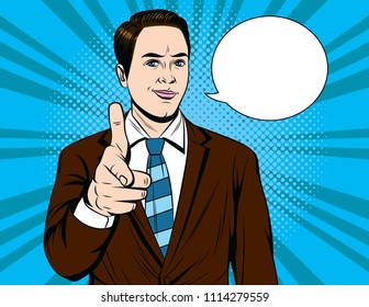 Vector colorful pop art illustration of businessman finger pointing on you. Handsome guy in suit recruit 