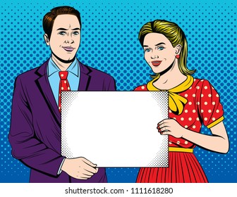 Vector colorful pop art style illustration of a young beautiful couple holding a white paper sheet. Vintage style banner with a smiling team workers showing white board with space for notes