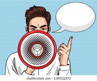 Vector colorful pop art style illustration of a businessman with a mouthpiece in his hand. A young angry guy with a megaphone. A man makes an announce and points his finger up