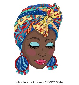 Vector Colorful portrait of a beautiful African American woman in a scarf drape with ornament and a knot on her head. Close-up face fashion model with closed eyes and large earrings. Isolated on white