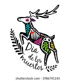 Vector colorful postcard with animal. Dia de los Muertos, Day of the dead or Halloween concept. Deer skeleton, with leaves, isolated on white background