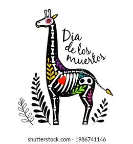 Vector colorful postcard with animal. Dia de los Muertos, Day of the dead or Halloween concept. Giraffe skeleton, with leaves, isolated on white background