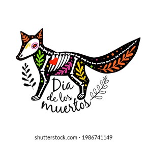 Vector colorful postcard with animal. Dia de los Muertos, Day of the dead or Halloween concept. Fox skeleton, with leaves, isolated on white background