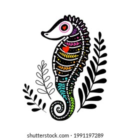 Vector colorful postcard with animal. Dia de los Muertos, Day of the dead or Halloween concept. Sea horse skeleton, with leaves, isolated on white background