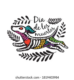 Vector colorful postcard. Dia de los Muertos, Day of the dead or Halloween concept. Flying dog skeleton, with floral design, isolated on white background