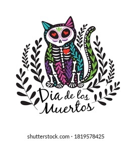 Vector colorful postcard. Dia de los Muertos, Day of the dead or Halloween concept. Cat skeleton with floral design, isolated on white background