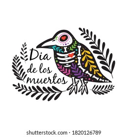 Vector colorful postcard. Dia de los Muertos, Day of the dead or Halloween concept. Raven skeleton with floral design, isolated on white background