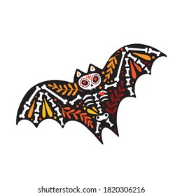 Vector colorful postcard. Dia de los Muertos, Day of the dead or Halloween concept. Flying bat skeleton, with floral design, isolated on white background