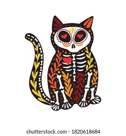 Vector colorful postcard. Dia de los Muertos, Day of the dead or Halloween animal concept. Cat skeleton, with floral design, isolated on white background