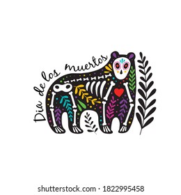 Vector colorful postcard. Dia de los Muertos, Day of the dead or Halloween concept. Bear skeleton with floral design, isolated on white background