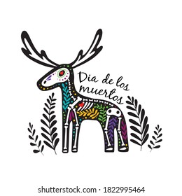 Vector colorful postcard. Dia de los Muertos, Day of the dead or Halloween concept. Moose skeleton with floral design, isolated on white background