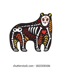 Vector colorful postcard. Dia de los Muertos or Halloween concept. Bear skeleton with floral design, isolated on white background