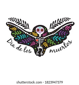 Vector colorful postcard. Dia de los Muertos, Day of the dead or Halloween concept. Owl skeleton with floral design, isolated on white background