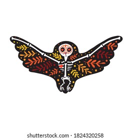 Vector colorful postcard. Dia de los Muertos, Day of the dead or Halloween concept. Owl skeleton with floral design, isolated on white background