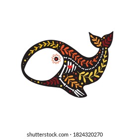 Vector colorful postcard. Dia de los Muertos, Day of the dead or Halloween concept. Whale skeleton with floral design, isolated on white background