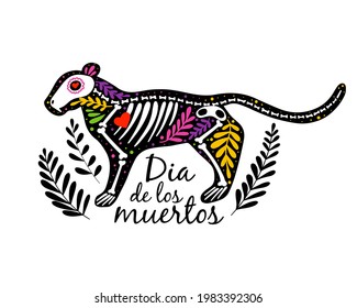 Vector colorful postcard. Dia de los Muertos design, Day of the dead or Halloween concept. Tiger or big cat skeleton, with text and leaves, isolated on white background