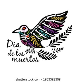 Vector colorful postcard. Dia de los Muertos design, Day of the dead or Halloween concept. Raven skeleton with text and leaves, isolated on white background