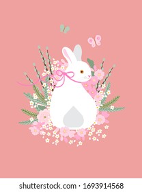 Vector. Colorful postcard for Easter with eggs and meadow flowers and little bunny for your design.