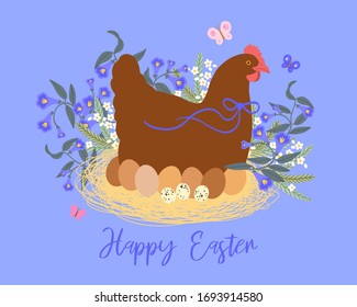 Vector. Colorful postcard for Easter with eggs and hen and meadow flowers for your design.