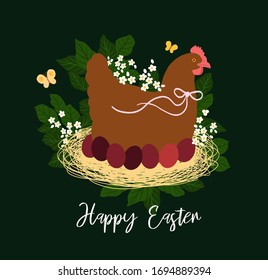 Vector. Colorful postcard for Easter with eggs and hen and meadow flowers for your design.