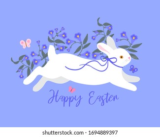 Vector. Colorful postcard for Easter with eggs and meadow flowers and little bunny for your design.