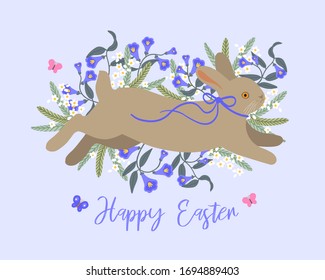 Vector. Colorful postcard for Easter with eggs and meadow flowers and little bunny for your design.