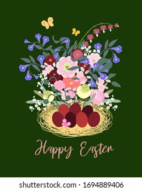 Vector. Colorful postcard for Easter with eggs and meadow flowers for your design.