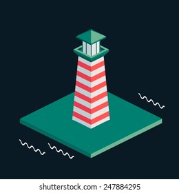 Vector colorful postcard with isometric flat nautical lighthouse in sea.