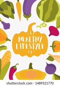 Vector colorful poster or background with vegetables.  Red silhouette of a pumpkin in the center and the inscription Healthy Lifestyle. Design for a store, festival, fair, restaurant.