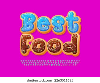 Vector colorful Poster Best Food. Funny creative Font. Tasty Donut Alphabet Letters and Numbers set