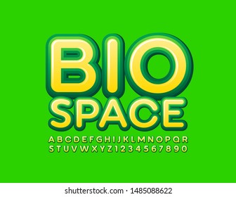 Vector colorful Poster Bio Space. Bright Yellow and Green Font. Modern Alphabet Letters and Numbers