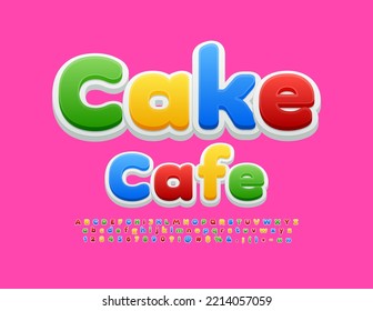 Cartel de colores vectorial Cake Cafe. Fuente artística brillante. Juego de letras y números de alfabeto para niños