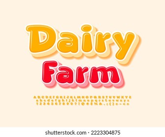 Vector colorful poster Dairy Farm.  Cute yellow Font. Creative Alphabet Letters and Numbers set.