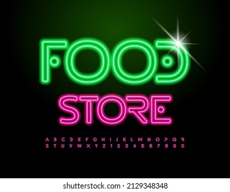 Tienda de afiches colorida con vectores. Neon bright Font. Letras y números de alfabeto brillantes