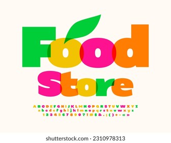 Vector colorful poster Food Store. Bright Bold Font. Trendy artistic Alphabet Letters and Numbers set