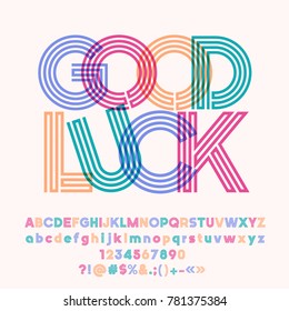 Vector colorful poster Good Luck. Set of cool tube Alphabet letters, Numbers and Symbols