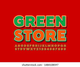 Vector colorful Poster Green Store. Bright Red and Green Font. Stylish Alphabet Letters and Numbers.