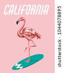 Vector colorful poster with hand drawn illustration of  flamingo on surfboard. Template for card, placard, banner, print for t-shirt, pin , badge and patch. 