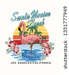 Vector colorful poster with hand drawn illustration of flamingo on surfboard with palm leaves. Template for card, placard, banner, print for t-shirt, pin , badge and patch. 