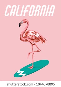 Vector colorful poster with hand drawn illustration of  flamingo on surfboard. Template for card, placard, banner, print for t-shirt, pin , badge and patch. 