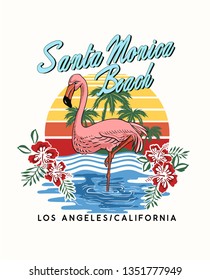 Vector colorful poster with hand drawn illustration of flamingo on surfboard with palm leaves. Template for card, placard, banner, print for t-shirt, pin , badge and patch. 