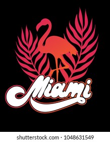 Vector colorful poster with handwritten lettering, illustration of flamingo and palm leaves. Template for card, placard, banner, print for t-shirt, pin , badge and patch. 